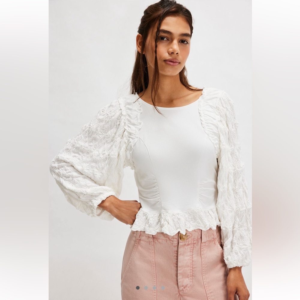 Free People Olivia Contrast Stitch Knit Top White Boho Blouse XS
